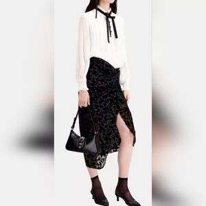 The Kooples SEALED! NWT! Black Devore Velvet Midi Skirt in Black. Sz 0. R2S!!